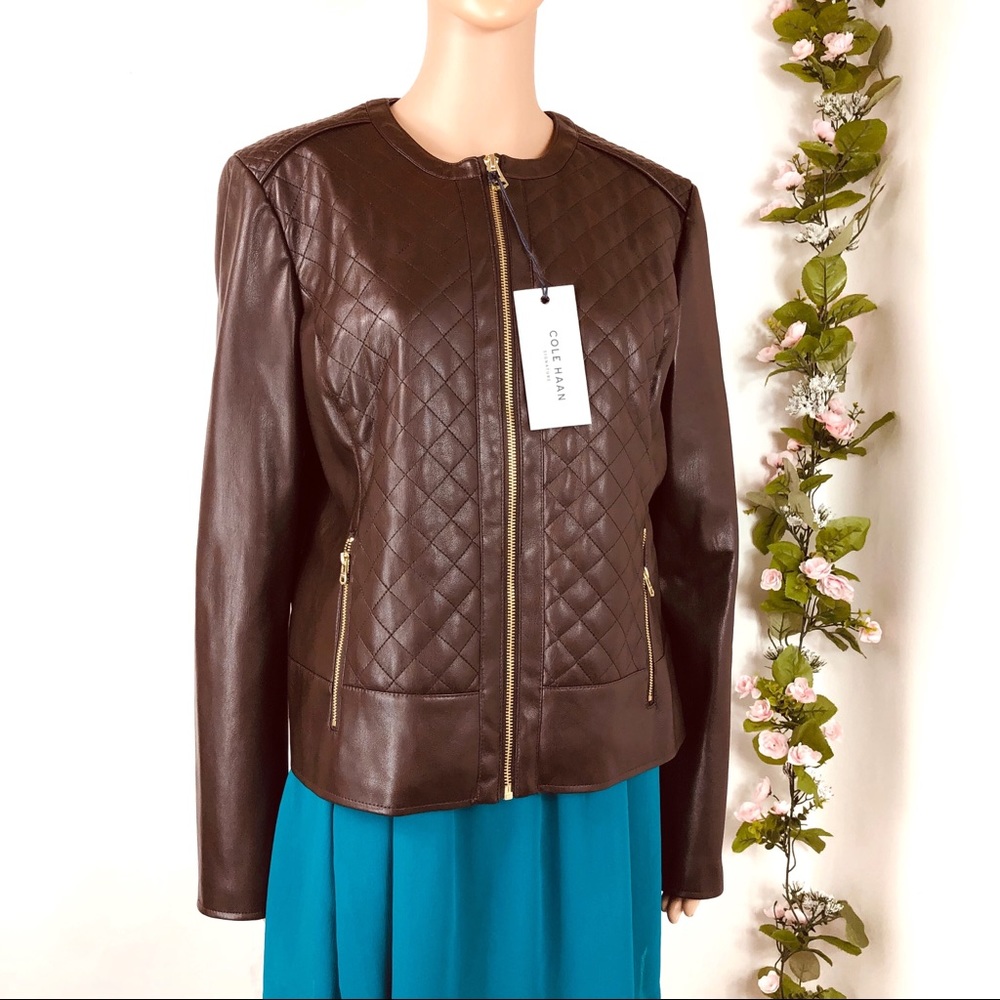 Cole Haan Faux Leather Jacket Tan Large New (Clos) - Picture 1 of 8